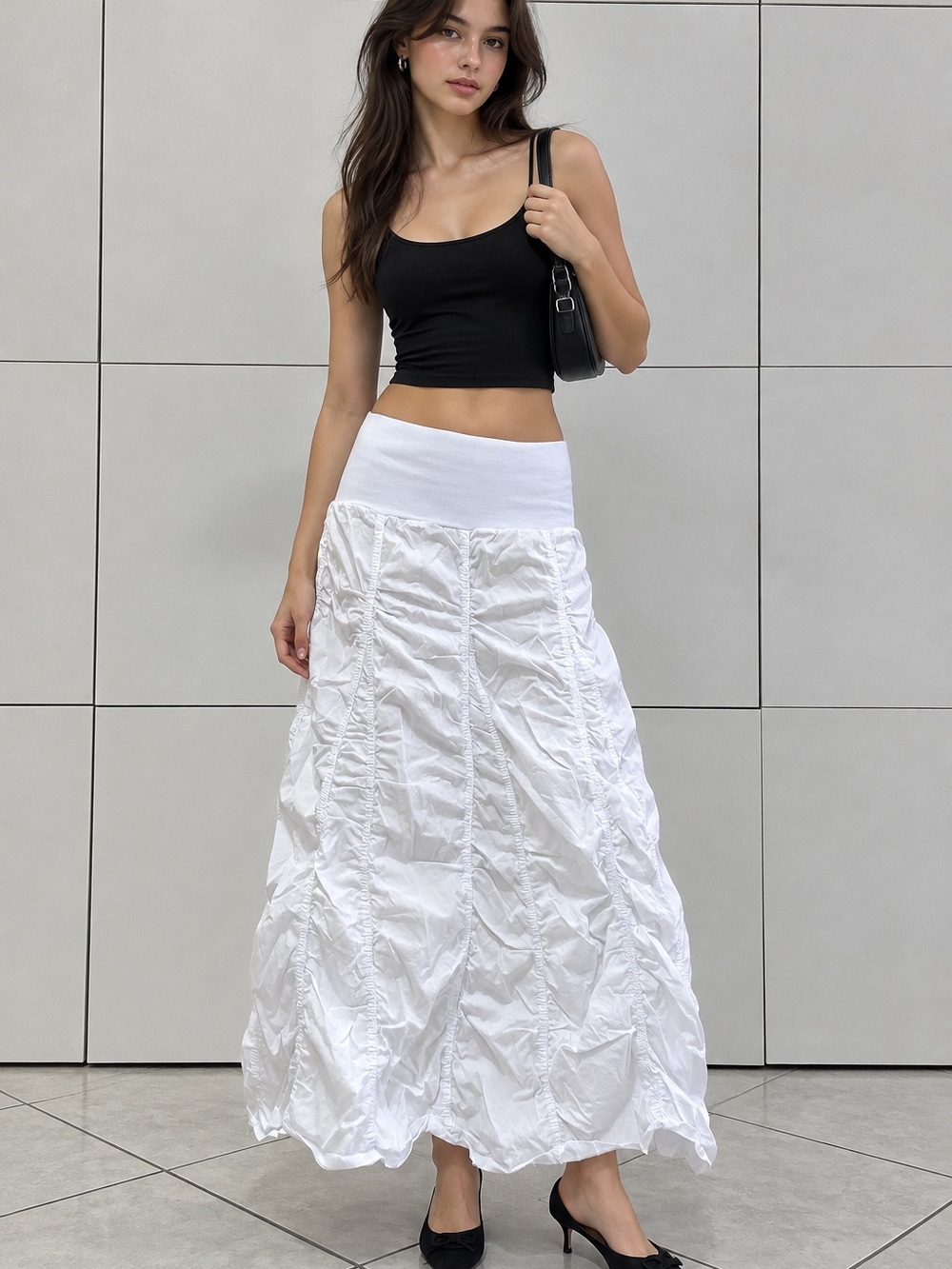 Elan New White Gored Peasant Cotton Skirt Sz  L Ruched Parachute Maxi Shirred